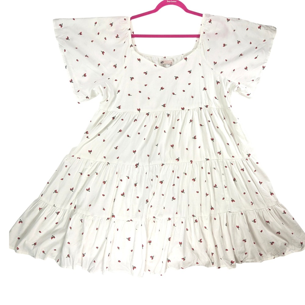 Women's White Cotton Tiered Scoop Neck Short Bell Sleeve Strawberry Dress 1X XL